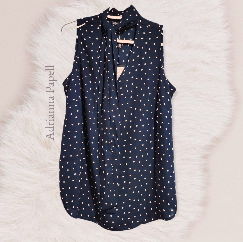 Adrianna Papell Sleeveless Polka Dot Tie Neck Blouse - Picture 11 of 15